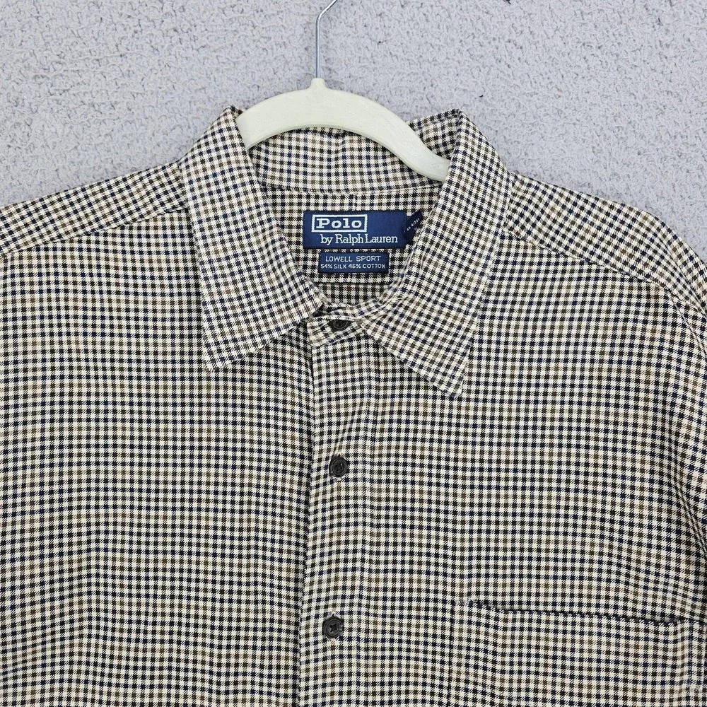Polo Ralph Lauren Lowell Sport‎ Shirt Mens XL Beige Check Silk Cotton Button Up